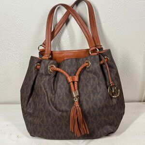 Michael Kors Jet Set Signature Drawstring Tote Brown MK Monogram Leather Trim